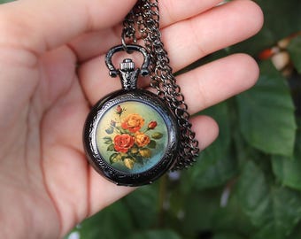 Lavender Pocket Watch Necklace – Country Cottagecore Jewelry, Vintage Provence-Inspired Floral Pendant Gift for Her