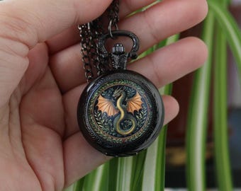 Green Dragon Pocket Watch – Fantasy Dragon Pendant Watch, Gothic Timepiece, Mythical Creature Jewelry, Gift for Him or Her