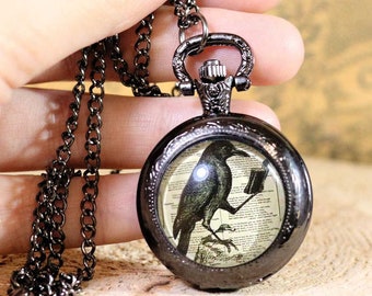 The black raven with book Nevermore Pocket Watch Eye necklace