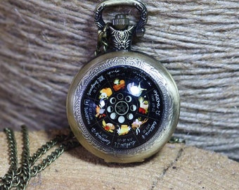 Wheel of the year pentagram moon phase pocket watch long chained necklace