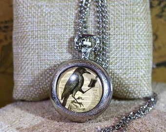 The Black Raven Pocket Watch – "Nevermore" Book Amulet on Chain | Gothic Literature Timepiece