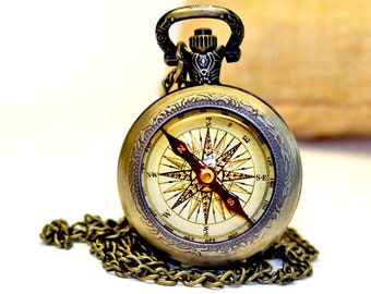 Kompas zakhorloge ketting, avontuurlijke sieraden, reiszakhorloge, vintage zakhorloge, quartz hangerhorloge, wandelkompas horloge