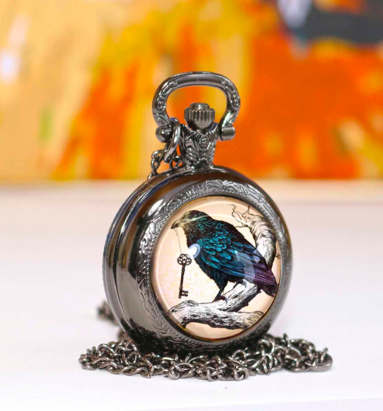 Raven Pocket Watch on a Long Chain Nevermore Necklace Inspired by Edgar