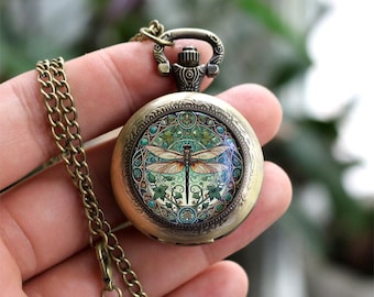 Libellen zakhorloge ketting – Vintage bosinsecten sieraden – Natuurcadeau voor haar – Fairycore Cottagecore hanger zakhorloge