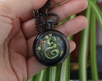 Green Dragon Floral Pocket Watch – Fantasy Floral Dragon Pendant Watch, Gothic Timepiece, Mythical Creature Jewelry, Gift for Him or Her