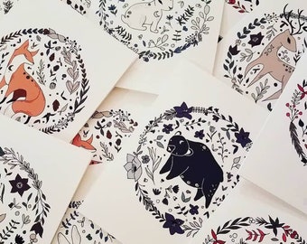 Set of Assorted Woodland Folk Art Cards | Hand-Drawn Holiday, Solstice, Christmas, Thank You Cards