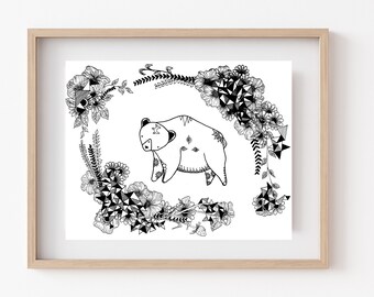 Whimsical Floral Bear Illustration | Signed Wall Art Print | Botanical Line Art | 5x7, 8.5x11
