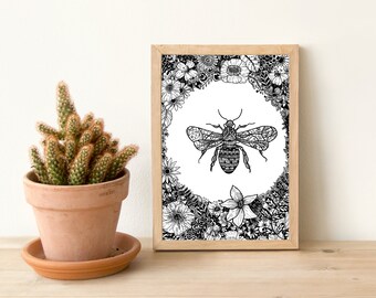 Bee in Floral Frame | Black Flowers | Line Art|  Zentangle Prnt | Botanical | Nature and Animals