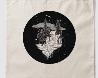 Mountain, Pine Tree, and Night Sky Tote | 100% Cotton Canvas Reusable Bag | Nature and Space Illustration
