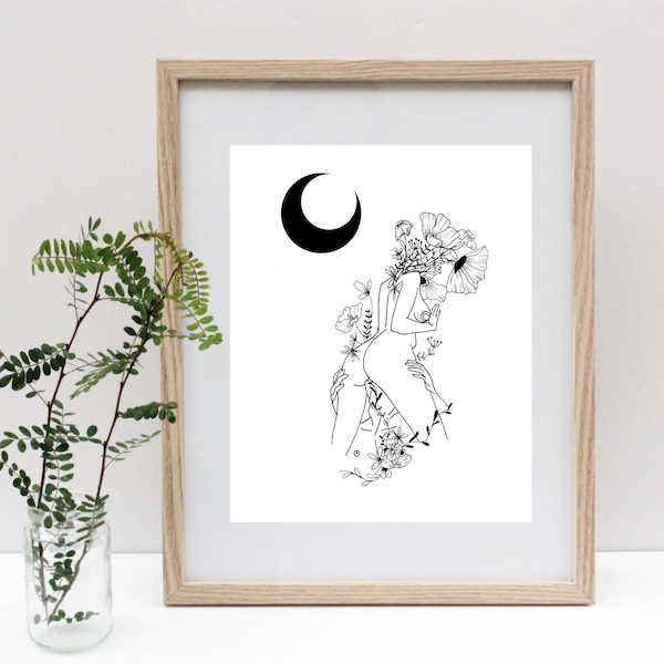 Moon Oral Lovers Print | Nude Line Drawing | Erotic Art | Intimate Art | Black Flowers | Love | Sex Positive |