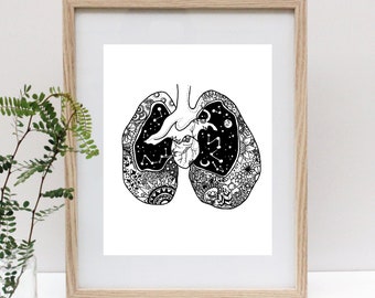 Lung and Heart Anatomical Print | Botanical Print | Zentangle Art | Mandala Inspired | Cosmic | Constellations | Black Flowers