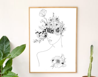 Floral Woman Line Art | Signed Fine Art Print | Feminine Nature Illustration