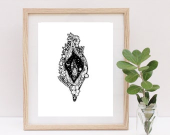 Lámina artística Vulva Celestial / Arte mural feminista / Blanco y negro / "Cosmos Interiores I"