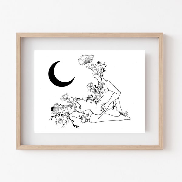 Moon Lovers Print | Nude Line Drawing | Erotic Art | Intimate Art | Black Flowers | Love | Sex Positive |