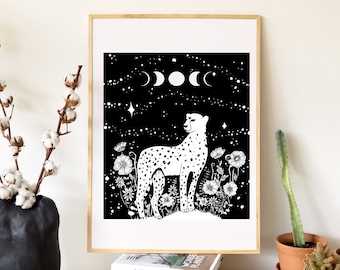 Cheetah Moon Phases Print | Black and White Botanical Illustration | Signed Wall Art | 5x7, 8.5x11