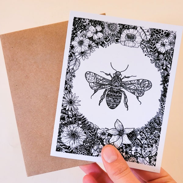 Honey Bee & Floral Greeting Card | Illustrated Nature Card for Any Occasion | Blank Inside Insect Card | Botanical and Floral Wildlife