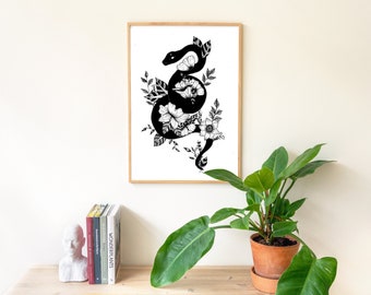 Snake | Black and White Floral | Line Art | Botanical Art | Occult Art | Third Eye