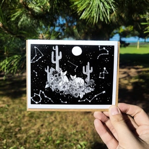 Renard du désert et constellation carte de vœux | Pack de cartes pour toute occasion | Blanc à l'intérieur | Fennec, Pleine Lune, Cactus