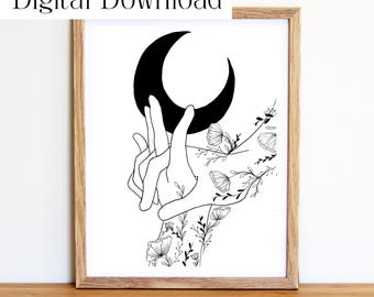 Hands with Moon and Botanicals | Celestial Line Art | Minimalist Digital Download Print