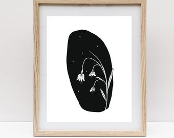 Night Blooms: Bluebell | Mid-Century Print | Art Deco Minimalist Wall Art | Botanical, Floral Linocut Inspired