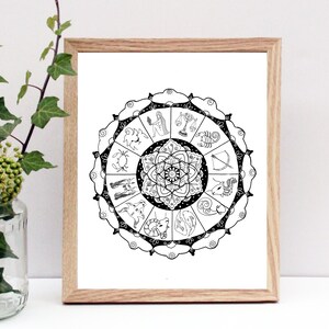 Zodiac Wheel Mandala | Astrology Art | Black and White | Print of Original Artwork | Zentangle | Occult Arts