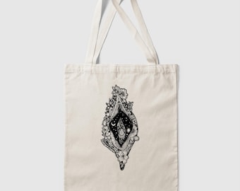 Vulva Tote | 100% Cotton Canvas Reusable Bag | Botanical, Celestial, Feminine Illustration Line Art