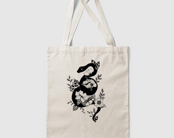 Floral Snake Line Art Tote | 100% Cotton Canvas Reusable Bag | Original Nature Illustration