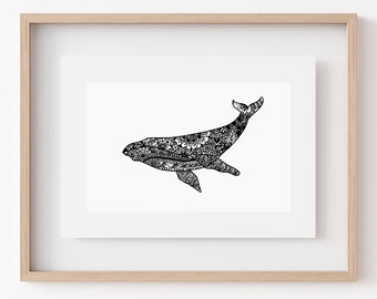 Whale Floral Zentangle Print | 15% of Proceeds go to SeaLegacy | Sea Creature | Mandala Inspired | Print of Original Artwork | Ocean Art