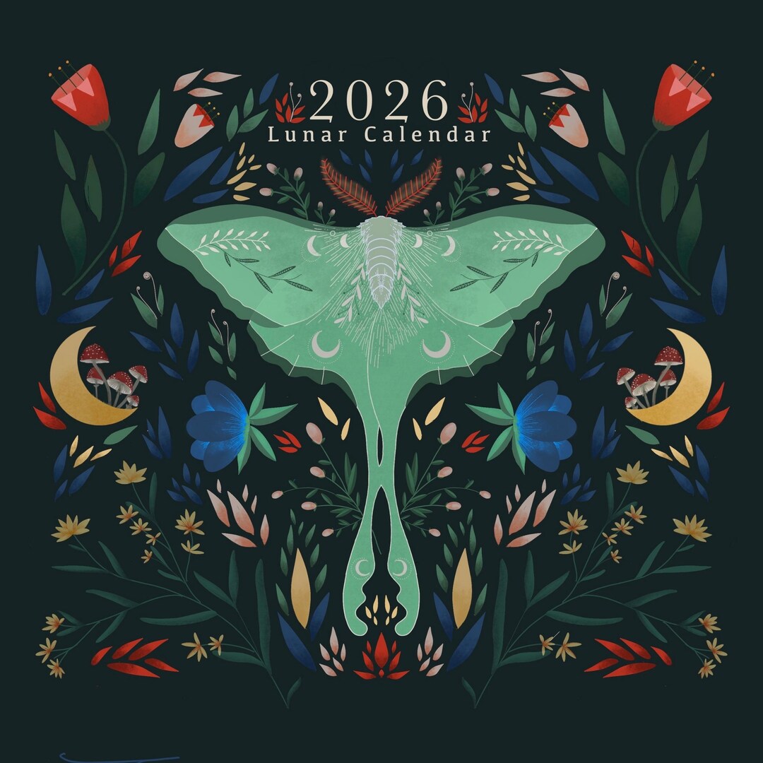 2026 Lunar Calendar | Moon Phases Art Print | Luna Moth Botanical Folk ...