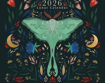 Calendario Lunar 2026 / Lámina artística de las fases lunares / Arte mural botánico folclórico de la polilla luna