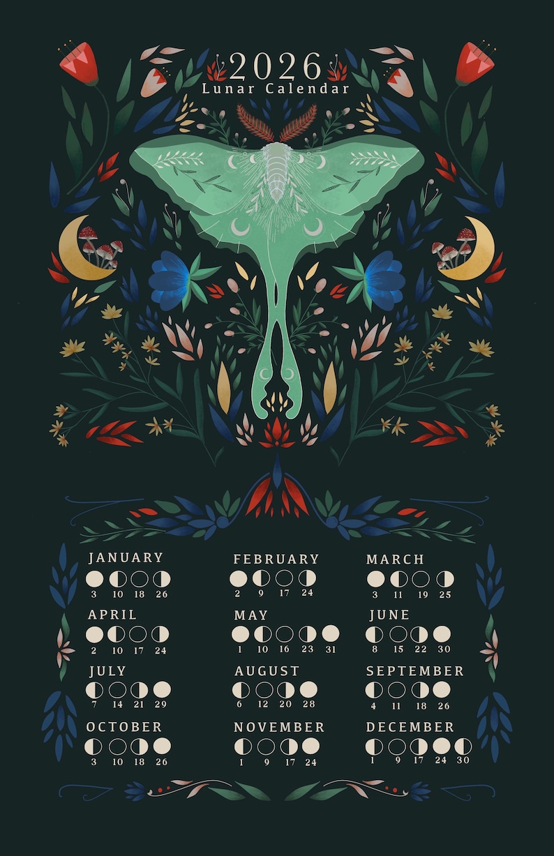 2026 Lunar Calendar | Moon Phases Art Print | Luna Moth Botanical Folk ...