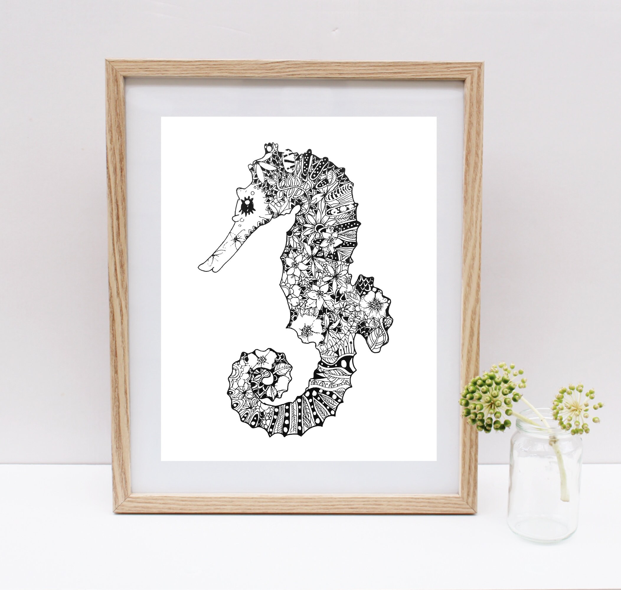 Seahorse Floral Zentangle Print |15% of proceeds go to SeaLegacy | Sea Creature | Ocean Art | Black Flowers | Botanical | Beach Art