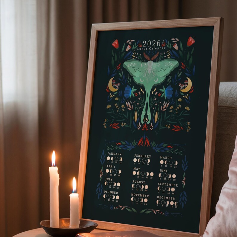 2026 Lunar Calendar | Moon Phases Art Print | Luna Moth Botanical Folk ...