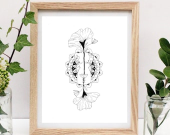 Woman Mandala Geometric Line Art Print | Floral | Botanical | Black Flowers | Black and White | Print of Original Artwork