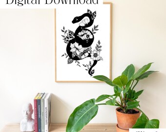 Hand Drawn Black Snake Floral Print Digital Download