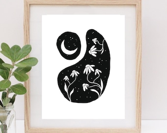 Night Blooms: Coneflower | Mid-Century Print | Art Deco Minimalist Wall Art | Botanical, Floral Linocut Inspired