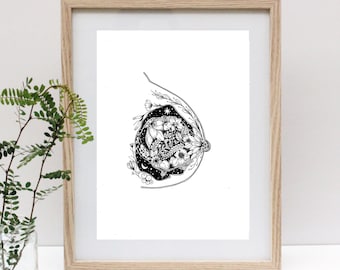 Celestial Breast Art Print | Feminist Body Wall Art | Black and White | Inner Cosmos II