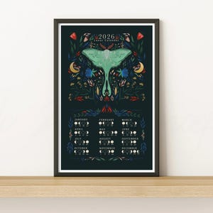 2026 Lunar Calendar | Moon Phases Art Print | Luna Moth Botanical Folk Wall Art