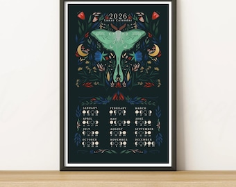 2026 Lunar Calendar | Moon Phases Art Print | Luna Moth Botanical Folk Wall Art