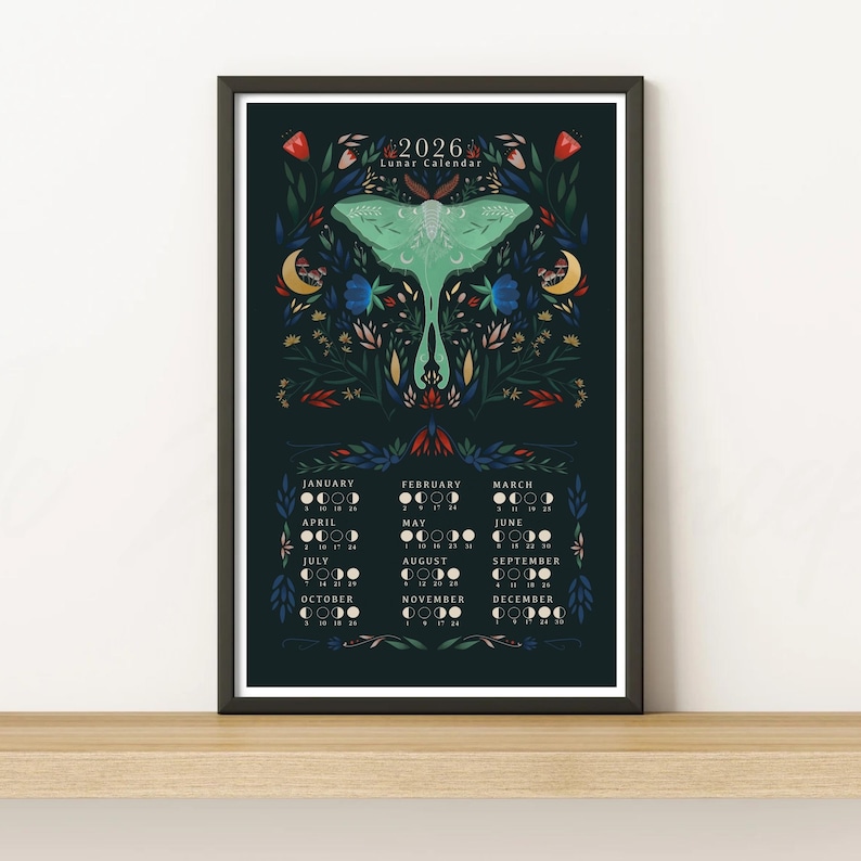 2026 Lunar Calendar | Moon Phases Art Print | Luna Moth Botanical Folk ...