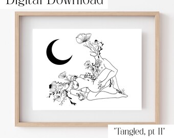 Two Figures Line Art with Flowers | Intimate Botanical Illustration | Minimalist Digital Download Print