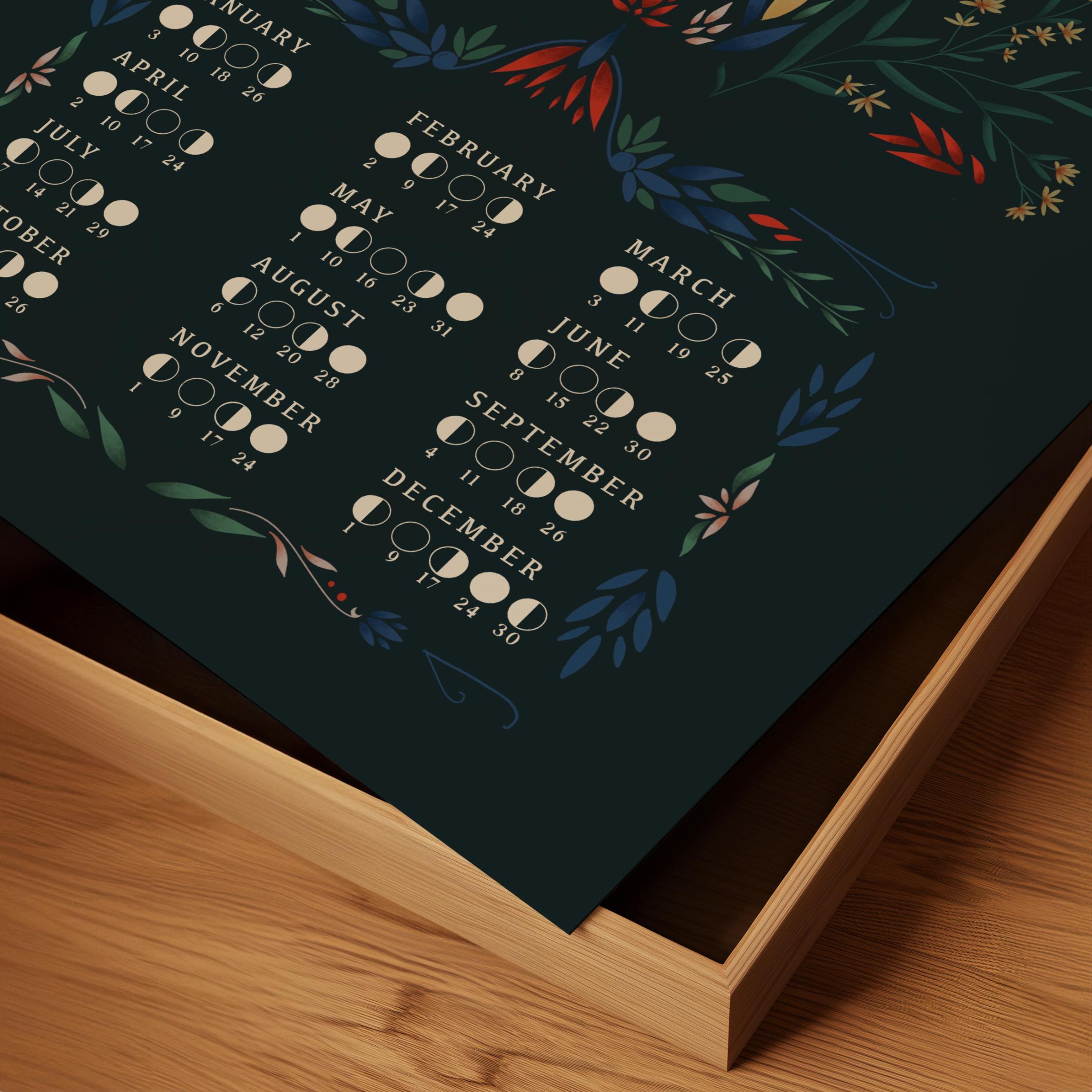 2026 Lunar Calendar | Moon Phases Art Print | Luna Moth Botanical Folk ...
