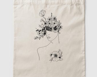 Floral Woman Line Art Tote | 100% Cotton Canvas | Reusable Grocery and Errand Bag with Original Minimalist Illustration