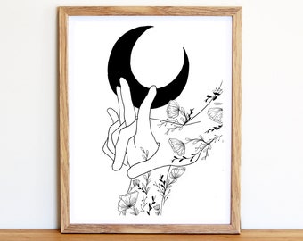 Hands and Moon Floral Print | Line Drawing | Lovers | Love | Holding Hands | Botanical | Black and White | Intimate