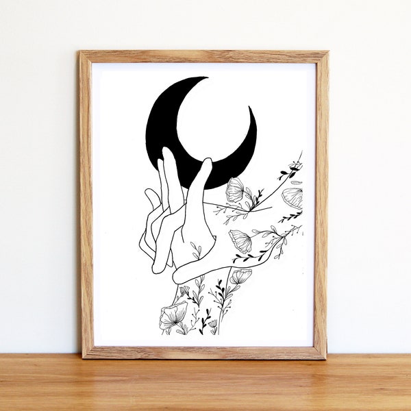 Hands and Moon Floral Print | Line Drawing | Lovers | Love | Holding Hands | Botanical | Black and White | Intimate