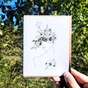 Dessin au trait floral de tête de femme Carte De Vœux | Dessin au trait minimaliste | Botanique | Blanc à l'intérieur |