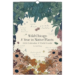 May include: A 2026 calendar and field guide titled "Wild Chicago: A Year in Native Plants." The calendar features botanical illustrations of various plants, including "rose hips" and "late-fall oyster mushroom." The design includes a spiral binding at the top.