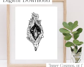 Vulva Line Art with Celestial Botanicals | Feminist Illustration | Minimalist Digital Download Print