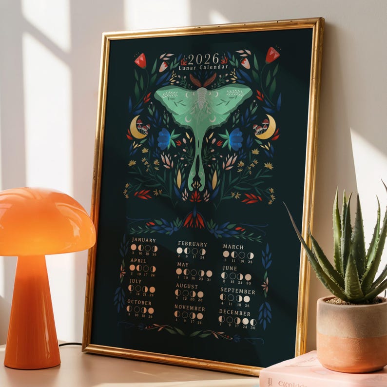 2026 Lunar Calendar | Moon Phases Art Print | Luna Moth Botanical Folk ...