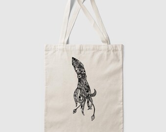 Squid Botanical Tote | 100% Cotton Canvas Reusable Bag | Floral Ocean Nature Line Illustration
